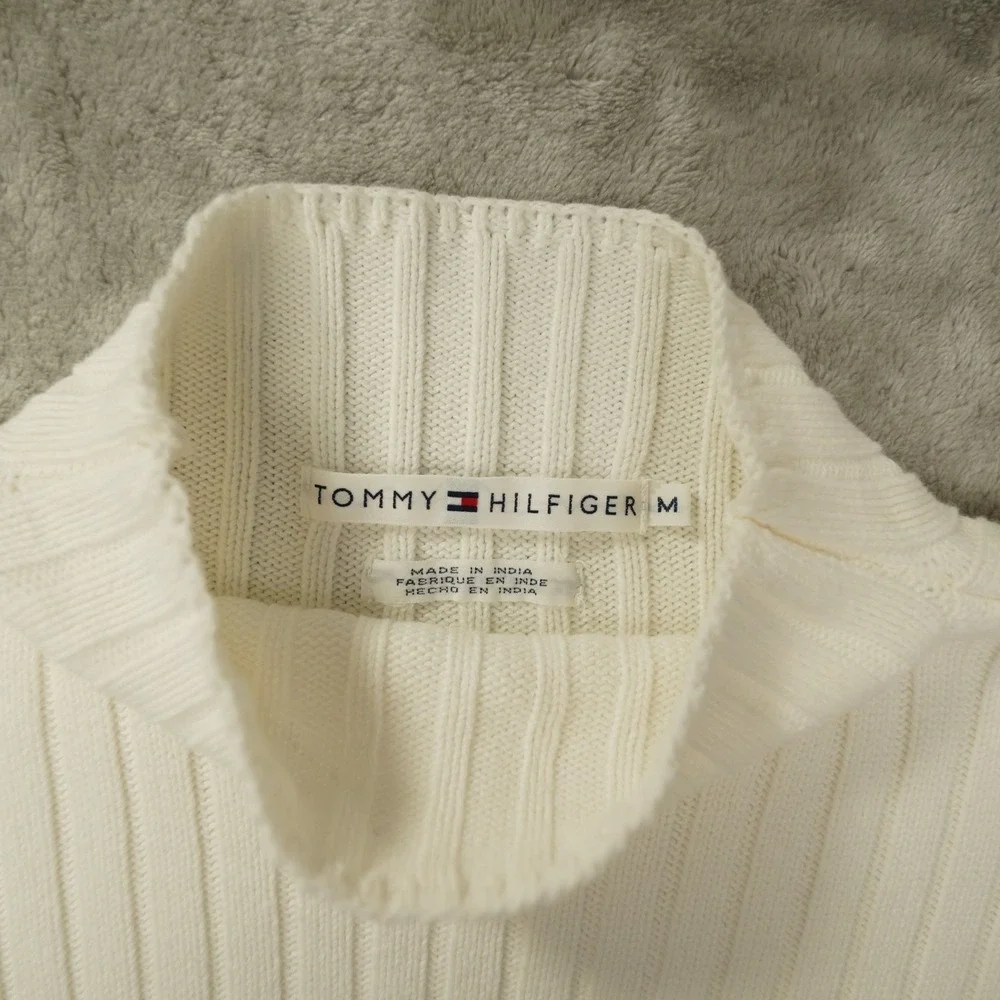 Tommy Hilfiger Vintage Y2K Mock Neck Sweater Womens Medium White Rib Knit Preppy